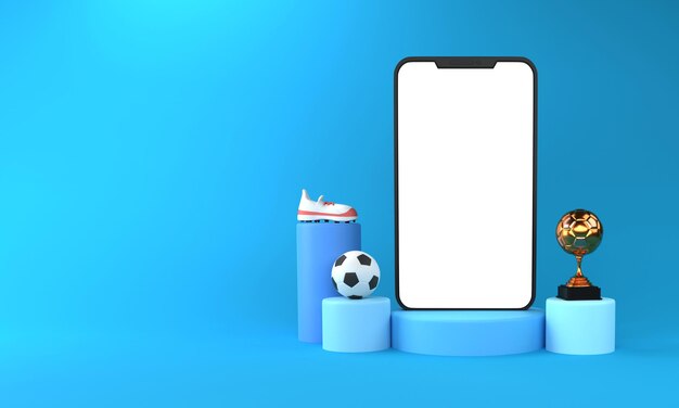 Rendering 3d dello schermo dello smartphone con scarpa sportiva da calcio coppa del trofeo vincitrice d'oro sul podio e spazio di copia su sfondo blu