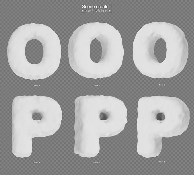 PSD 3d rendering of snow alphabet o and alphabet p