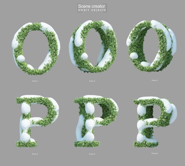 3D rendering of snow on bushes in the shape of letter O and letter P scene creator (O和P字母形状的灌木上的雪的3D渲染) 是一个用于绘制雪景的工具,用于绘制树木上的雪景