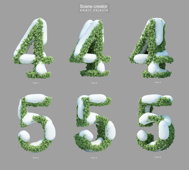 3d rendering of snow on bushes in shape of number 4 and number 5