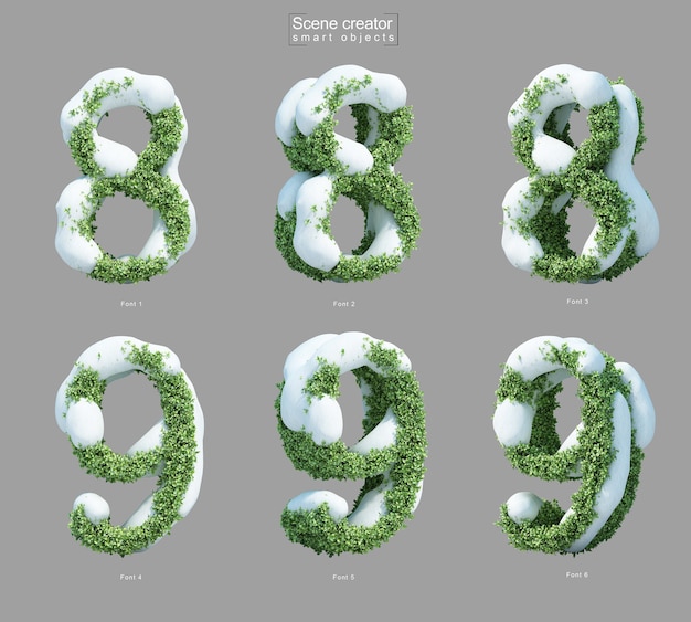 3d rendering of snow on bushes in shape of number 8 and number 9 