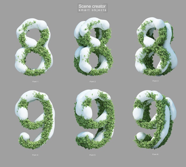 3d rendering of snow on bushes in shape of number 8 and number 9