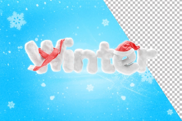 Rendering 3d del testo invernale di neve con cappello e sciarpa