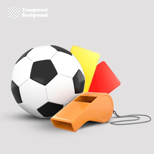 PSD 3d rendering soccer ball, whistle with red and yellow cards