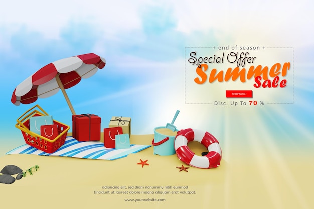 PSD 3d rendering speciale vacanza estiva in spiaggia con uno sconto speciale