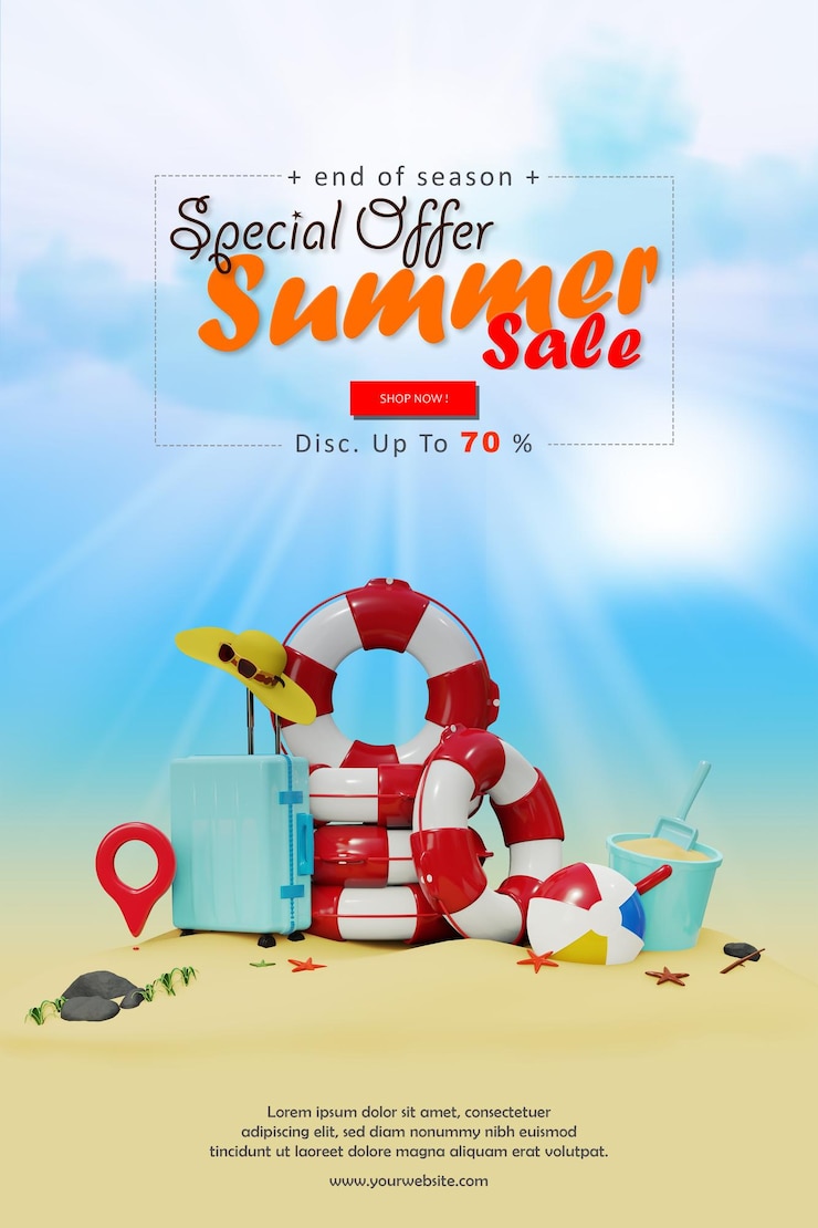 PSD 3d-rendering speciale zomeraanbieding om te ontspannen op het strand