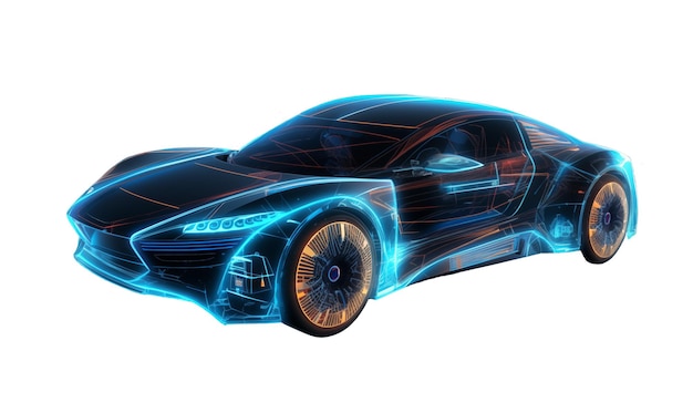 PSD rendering 3d di un'auto sportiva in luce neon isolata su sfondo trasparente