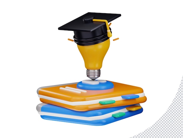 3d rendering stack of books with a light bulb on the Graduates cap