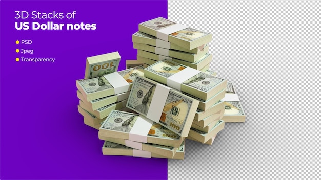 PSD 3d rendering of stacks of 100 us dollar notes bundles of united states currency notes isolated