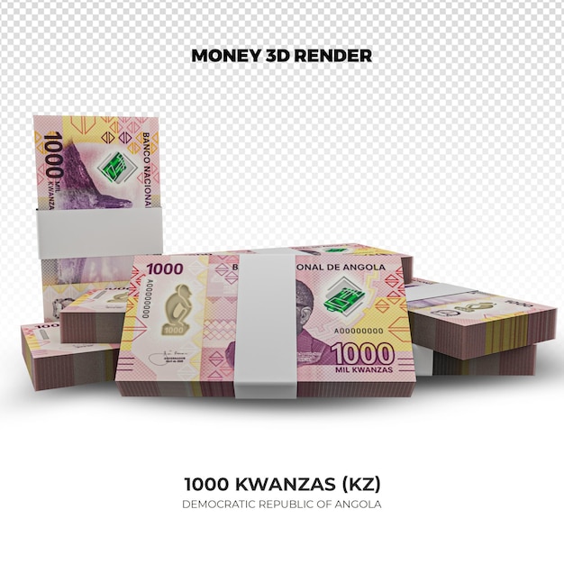 3D rendering of Stacks of Angolan Money 1000 Kwanzas Banknotes