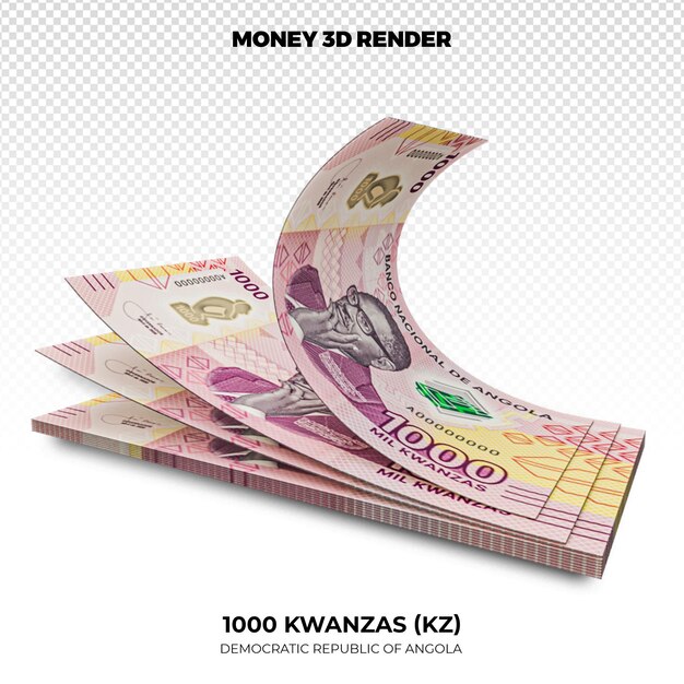 PSD 3d rendering of stacks of angolan money 1000 kwanzas banknotes