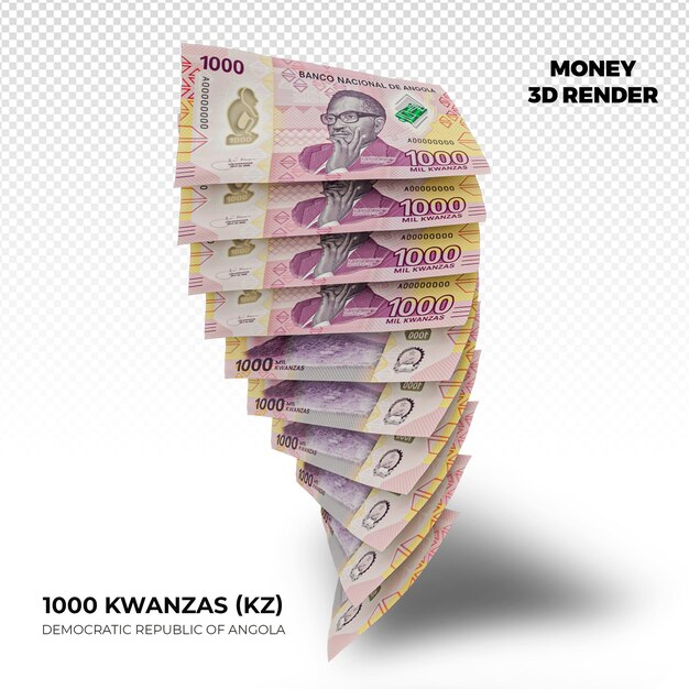 PSD 3d rendering of stacks of angolan money 1000 kwanzas banknotes