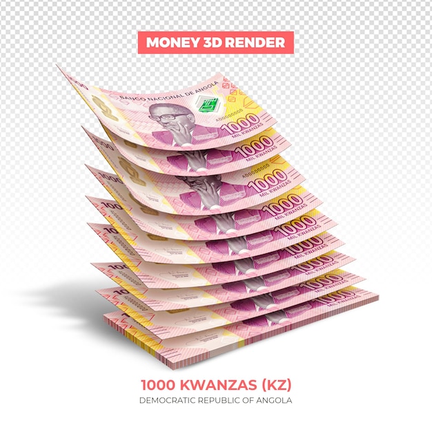 PSD 3d rendering of stacks of angolan money 1000 kwanzas notes