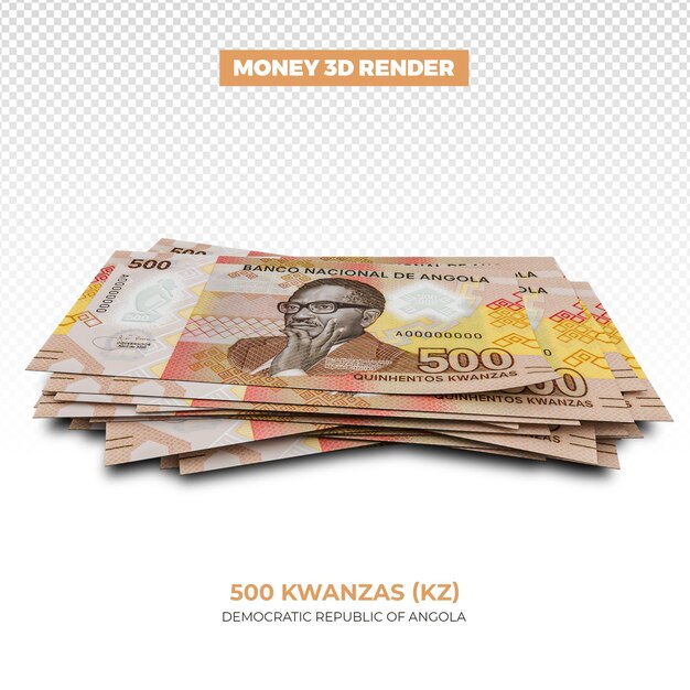 PSD 3d rendering of stacks of angolan money 500 kwanzas notes