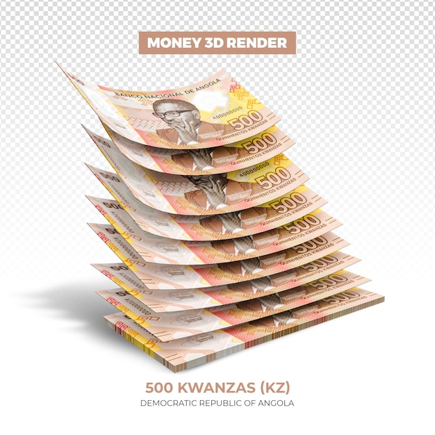 PSD 3d rendering of stacks of angolan money 500 kwanzas notes