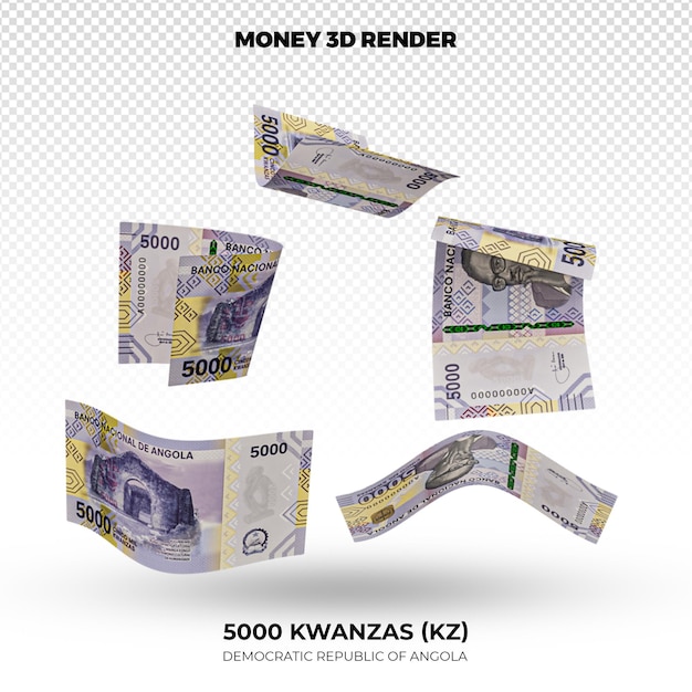 PSD 3d rendering of stacks of angolan money 5000 kwanzas banknotes