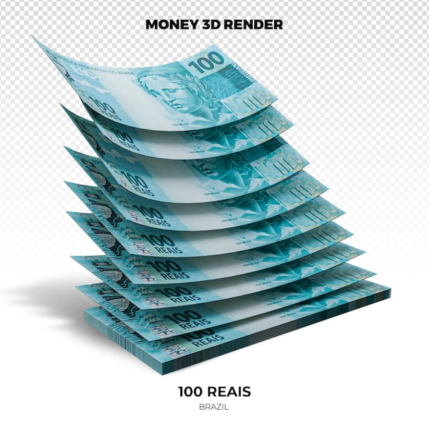 PSD 3d rendering of stacks of brazilian money 100 reais banknotes