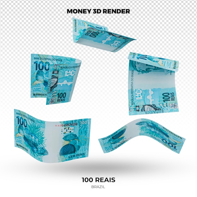 PSD 3d rendering of stacks of brazilian money 100 reais banknotes