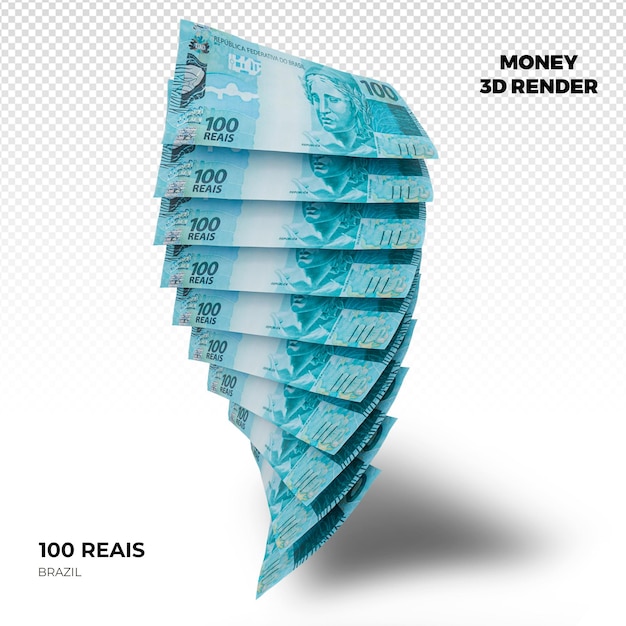 PSD 3d rendering of stacks of brazilian money 100 reais banknotes