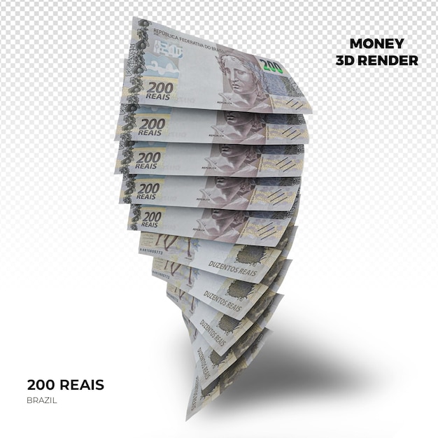 PSD 3d rendering of stacks of brazilian money 200 reais banknotes