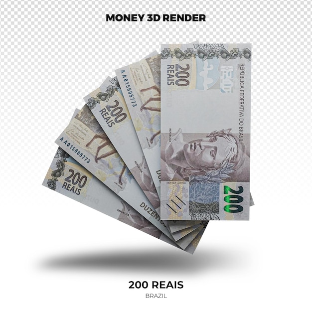 3D rendering of Stacks of Brazilian Money 200 Reais Banknotes