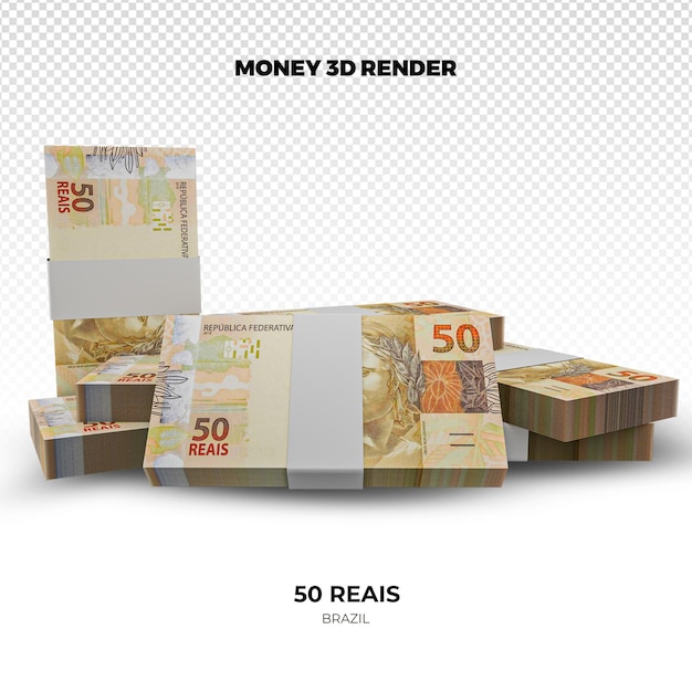 PSD 3d rendering of stacks of brazilian money 50 reais banknotes