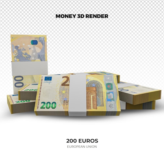 3D-рендеринг стеков денег Европейского Союза Банкноты 200 евро