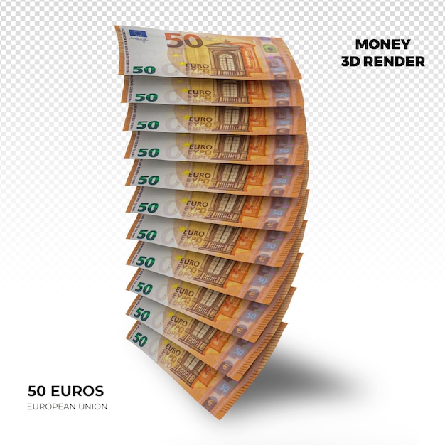 Rendering 3d delle pile di banconote da 50 euro dell'unione europea