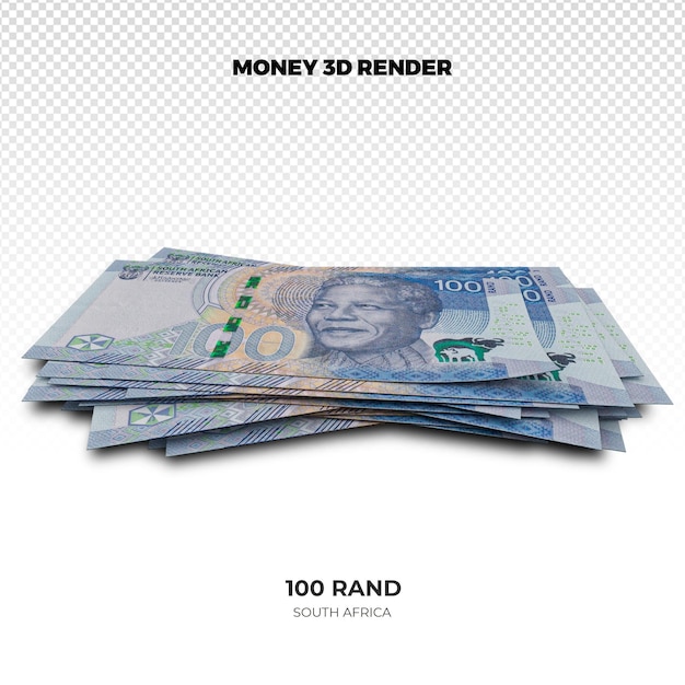 PSD 3d rendering of stacks of south africa money 100 rand banknotes