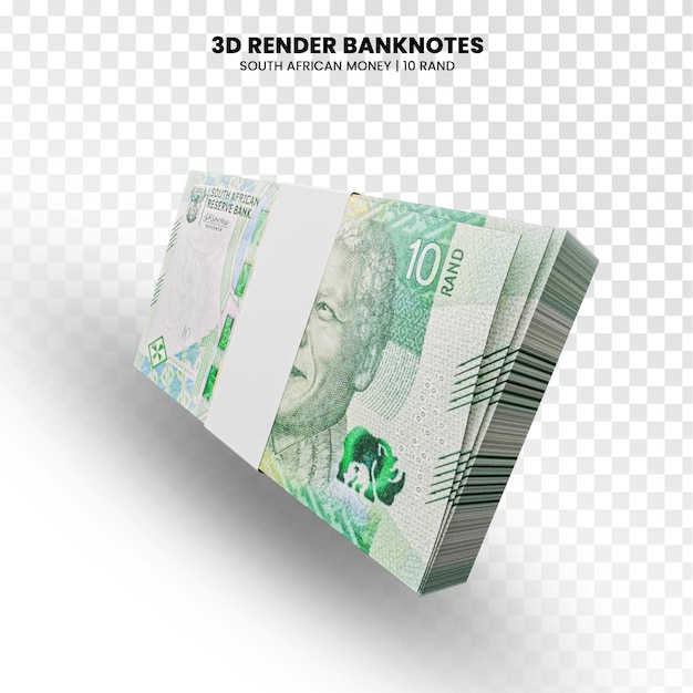 PSD rendering 3d di pile di banconote sudafricane da 10 rand