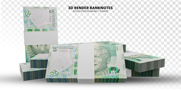 Rendering 3d di pile di banconote sudafricane da 10 rand