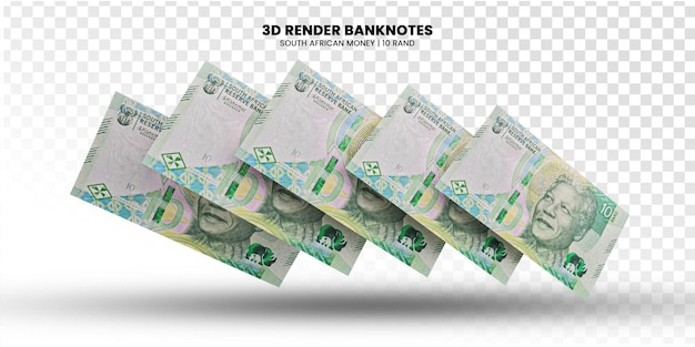 Rendering 3d di pile di banconote sudafricane da 10 rand