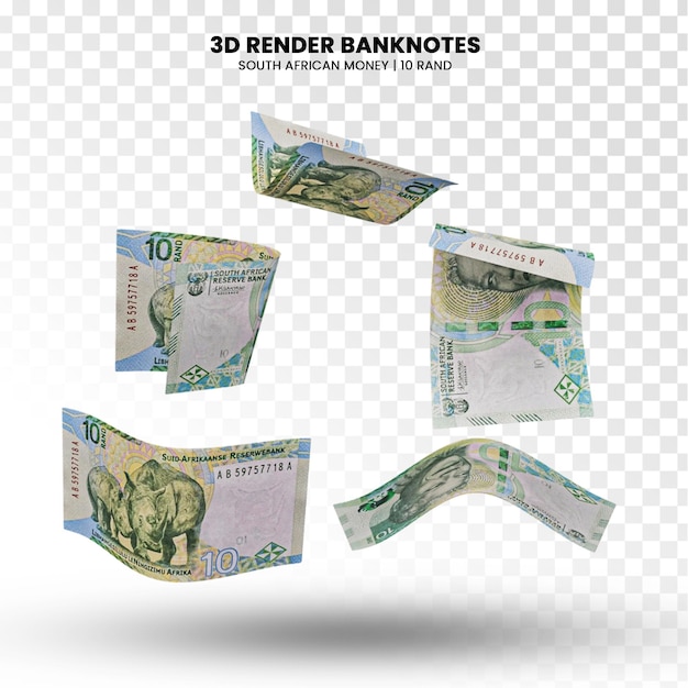 PSD rendering 3d di pile di banconote sudafricane da 10 rand
