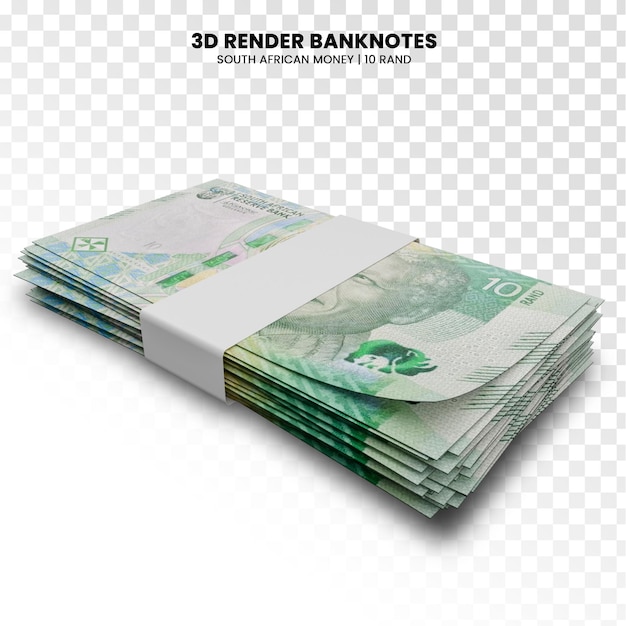 PSD rendering 3d di pile di banconote sudafricane da 10 rand