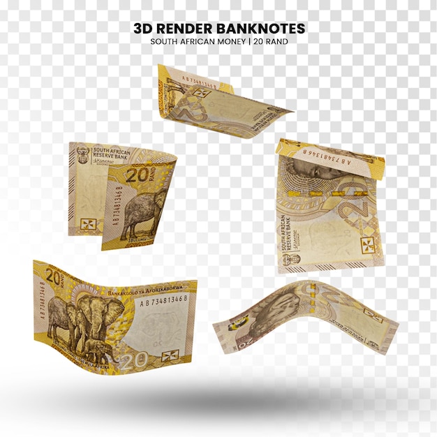 PSD 3d rendering of stacks of south african money 20 rand banknotes