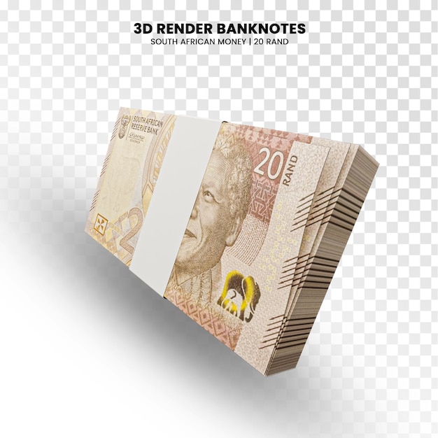Rendering 3d di pile di banconote sudafricane da 20 rand