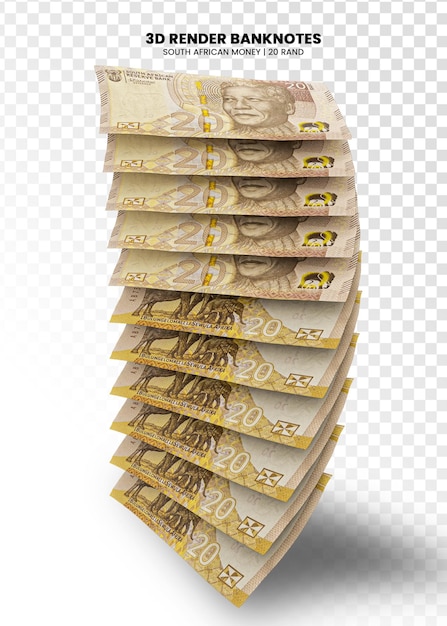 PSD 3d rendering of stacks of south african money 20 rand banknotes