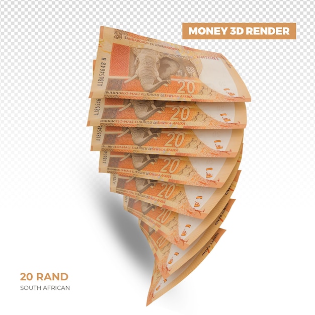 PSD 3d rendering of stacks of south african money 20 rand notes