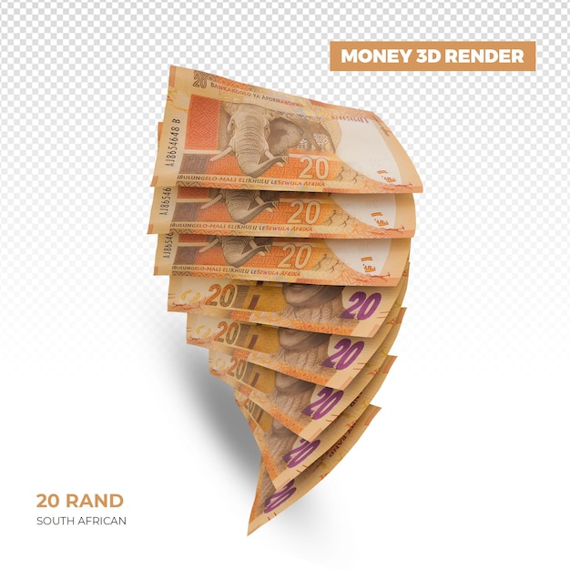 PSD 3d rendering of stacks of south african money 20 rand notes