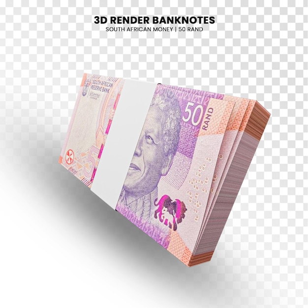 PSD rendering 3d di pile di banconote sudafricane da 50 rand