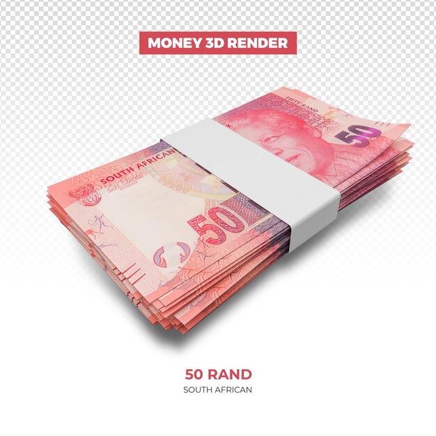 PSD 3d rendering of stacks of south african money 50 rand notes