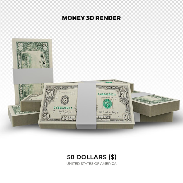 Rendering 3d di pile di banconote da 50 dollari degli stati uniti d'america