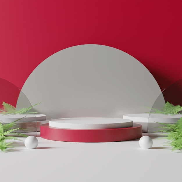 A 3d rendering of a stage with a red background and a white circle with a white circle in the middle.