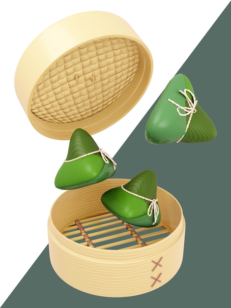 PSD 3d rendering of steamer basket and traditional snack zongzi suitable for dragon boat festival