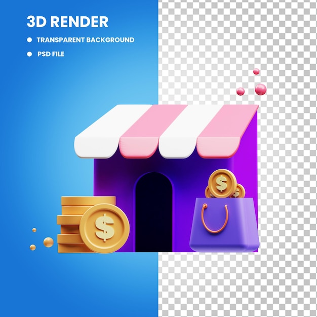 PSD rendering 3d dell'illustrazione dell'icona del concetto di finanza del negozio con molti vantaggi