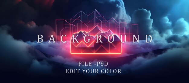 PSD 3d rendering storm clouds inside a hexagonal frame shining abstract neon light