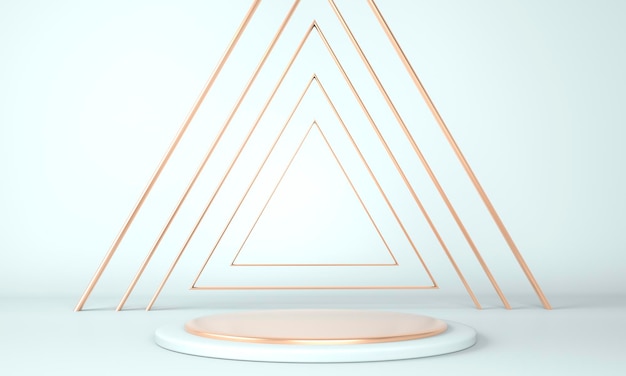 3d rendering studio with geometric shapes, podium on the floor.