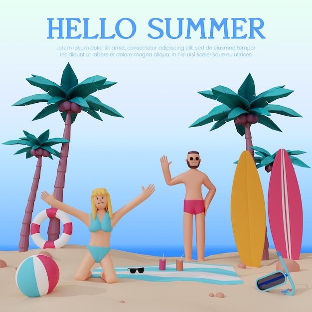 PSD 3d rendering of summer beach concept premium psd