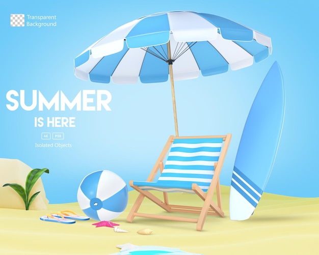 3D Rendering Summer Blue White Beach Umbrella Beach Chair Beach Ball And Surfboard