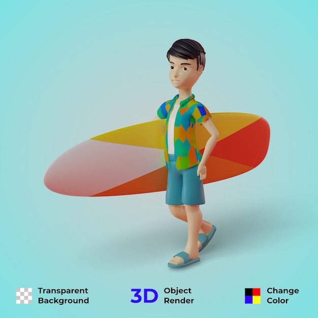 Rendering 3d dell'illustrazione del carattere estivo uomo che porta la tavola da surf premium psd